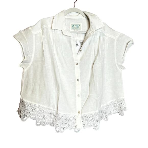 American Eagle White Lace Cutout Button Up Shirt Cotton Linen Women Medium NWT - Picture 2 of 9
